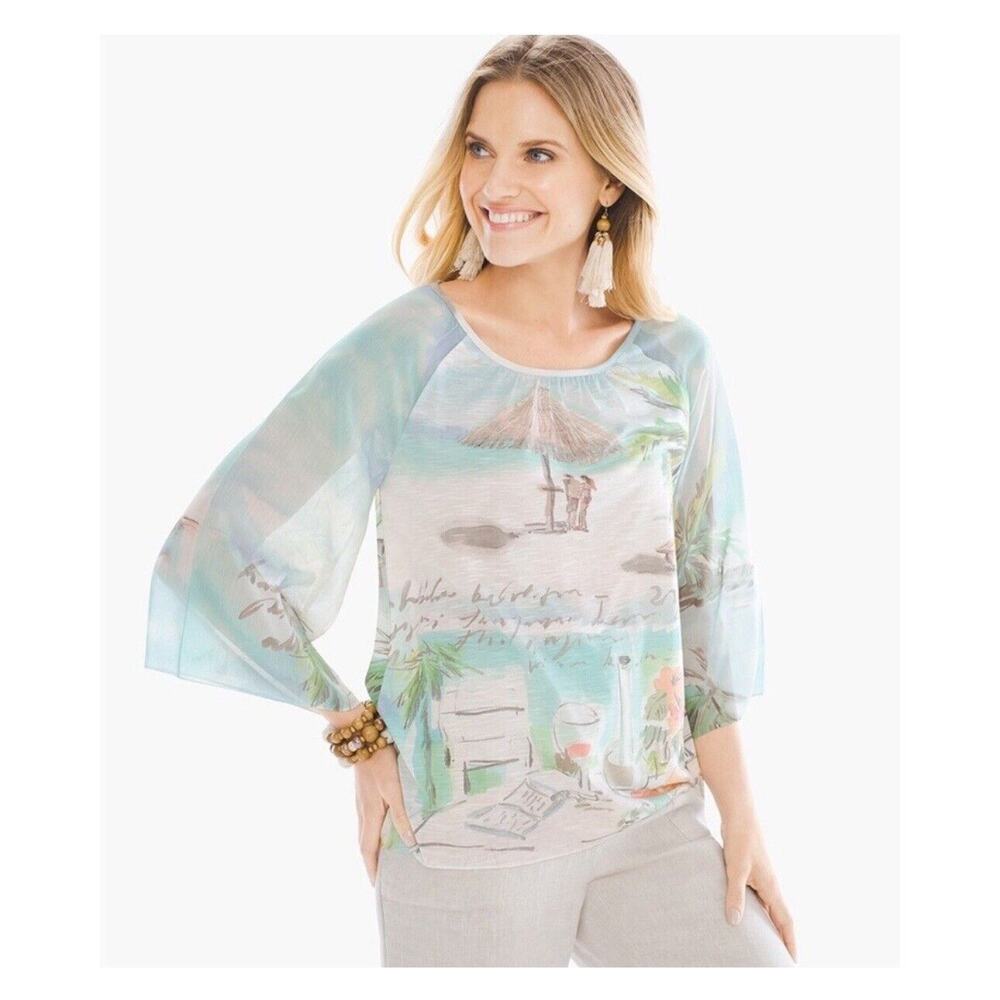 CHICO'S Size 0 Small Seaside Sangria Kimono Sleeve Tropical Watercolor Blouse